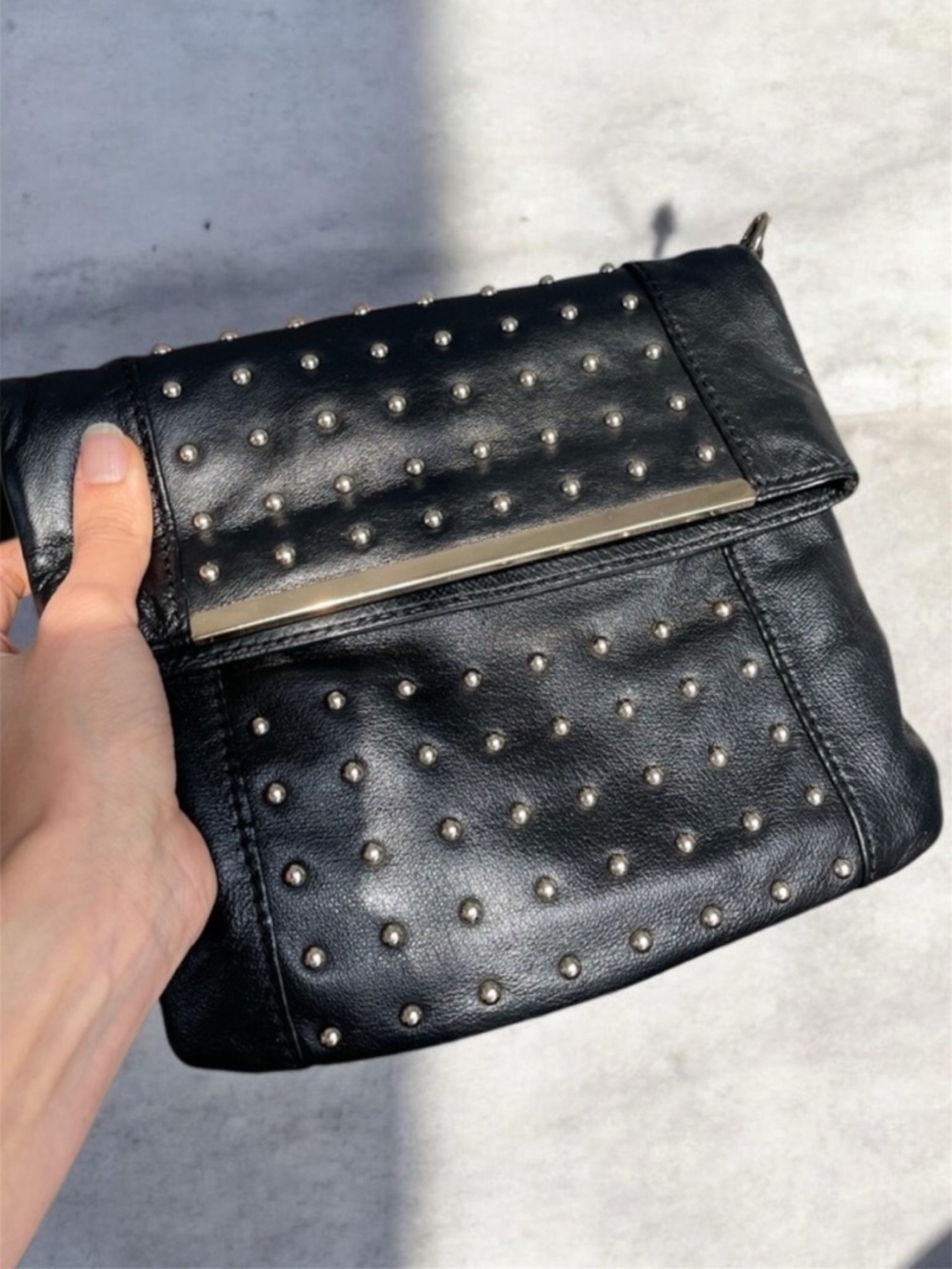 Danier | Black Studded Leather HandBag, Silver Strip Detail, Magnet Closure - Picture 2 of 14